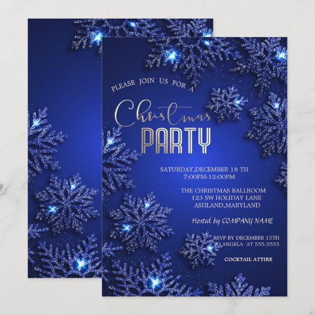 Elegantes Blue Snowflakes Weihnachtsunternehmen Einladung (Vorne/Hinten)