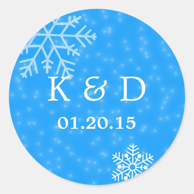 Elegantes Blue Snowflakes Winter Wedding Siegel Runder Aufkleber (Vorderseite)