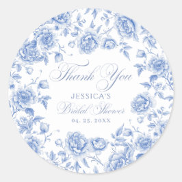 Elegantes Blue Toile Chinoiserie Brautparty Runder Aufkleber