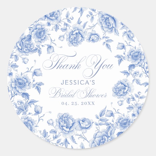 Elegantes Blue Toile Chinoiserie Brautparty Runder Aufkleber (Vorderseite)
