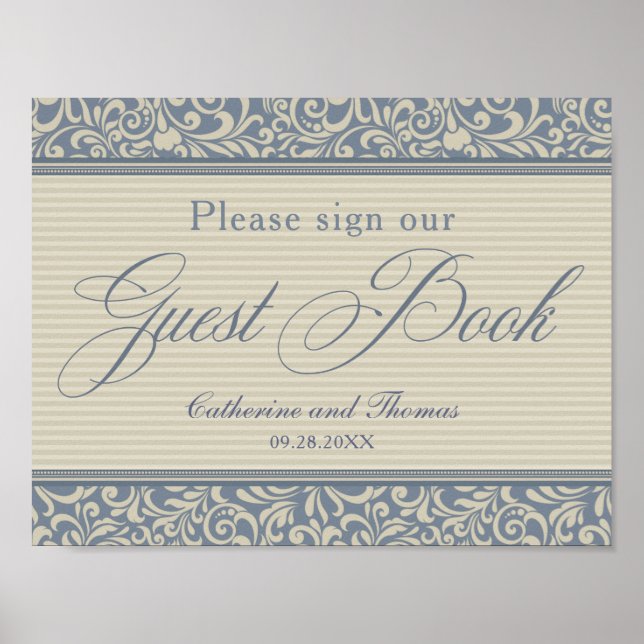 Elegantes Blue und Beige Gästebuchsignage Poster (Vorne)