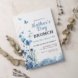 Elegantes Blue Watercolor Blumenbrunch Muttertag Einladung