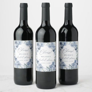 Elegantes Blue Watercolor Floral Brautparty Weinetikett