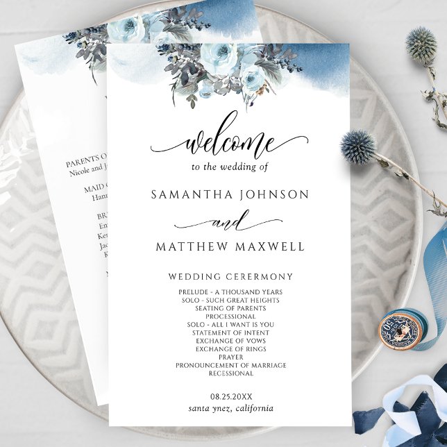 Elegantes Blue Watercolor Floral Wedding Program (Von Creator hochgeladen)