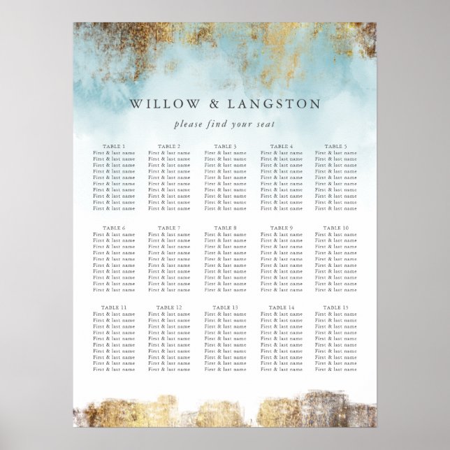 Elegantes Blue Watercolor Gold Hochzeitsszenario Poster (Vorne)