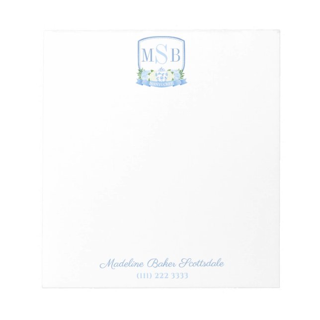 Elegantes Blue Watercolor Monogram Wappen Lady Notizblock (Vorderseite)