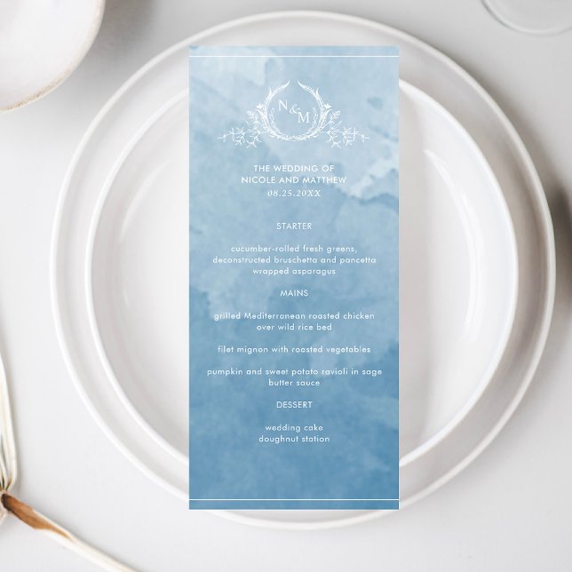 Elegantes Blue Watercolor, Monogram Wedding Menu Menükarte (Von Creator hochgeladen)