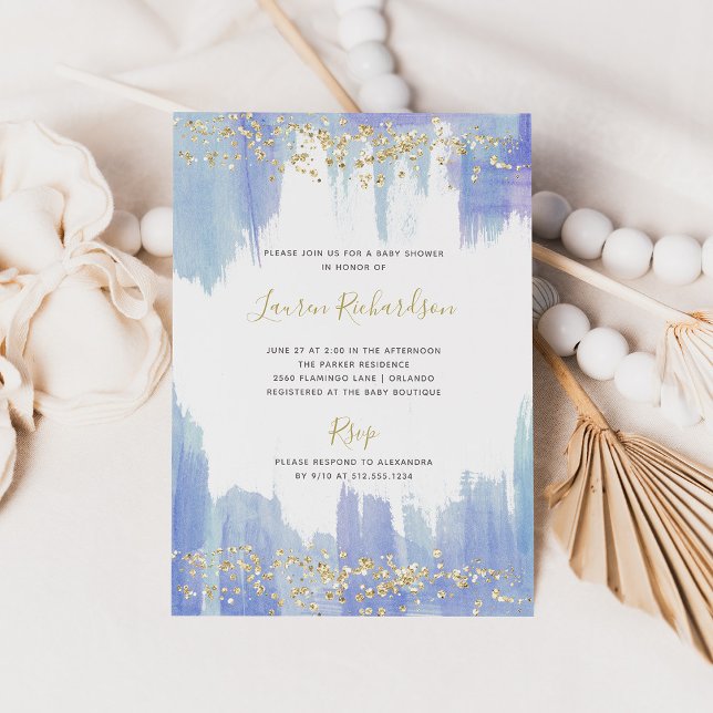 Elegantes Blue Watercolor und Gold | Babydusche Einladung (Von Creator hochgeladen)