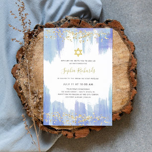 Elegantes Blue Watercolor und Gold   Bat Mitzvah Einladung