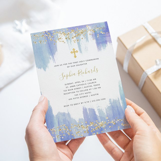 Elegantes Blue Watercolor und Gold | Erste Kommune Einladung (Von Creator hochgeladen)