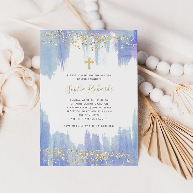 Elegantes Blue Watercolor und Gold | Taufe Einladung (Von Creator hochgeladen)