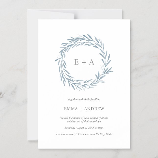 Elegantes Blue Watercolor Wreath Einladung (Vorderseite)