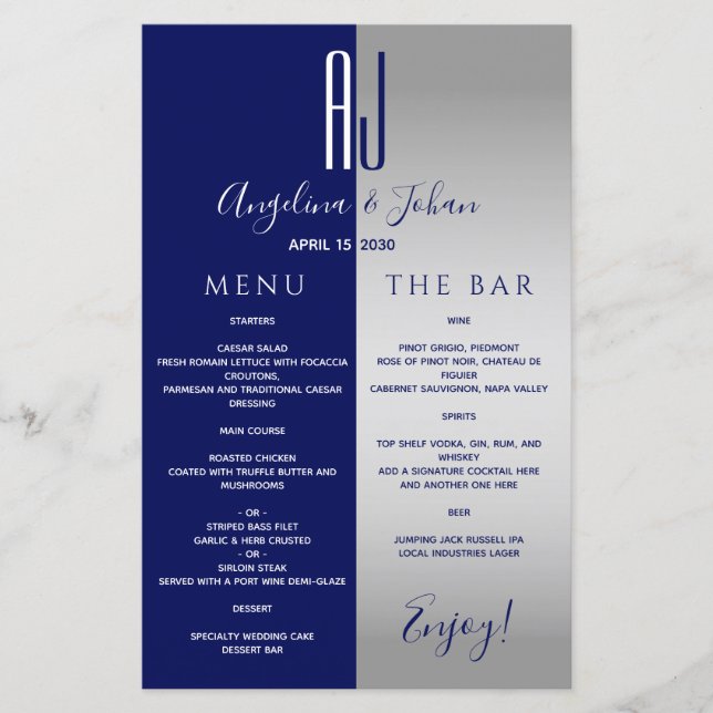 Elegantes Blue Wedding Bar Menu (Vorderseite)