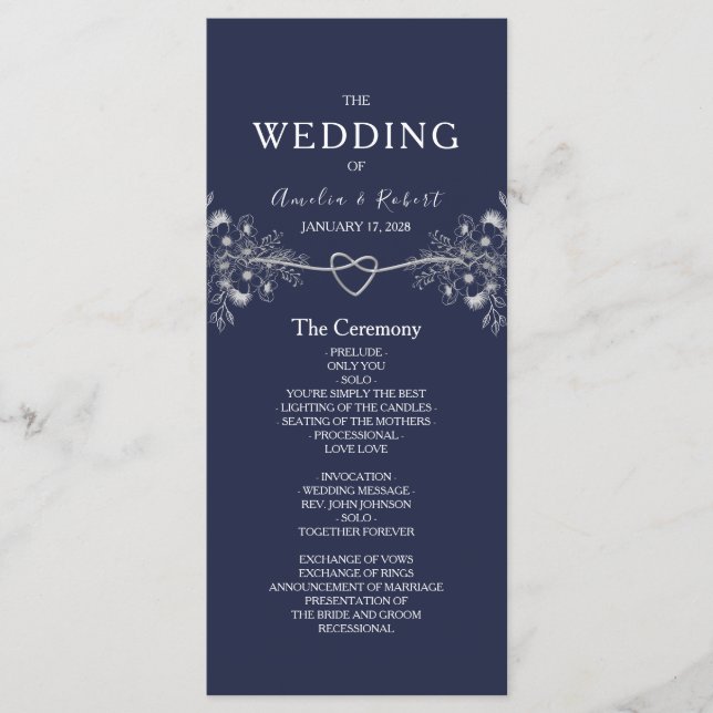 Elegantes Blue Wedding Programm (Vorderseite)