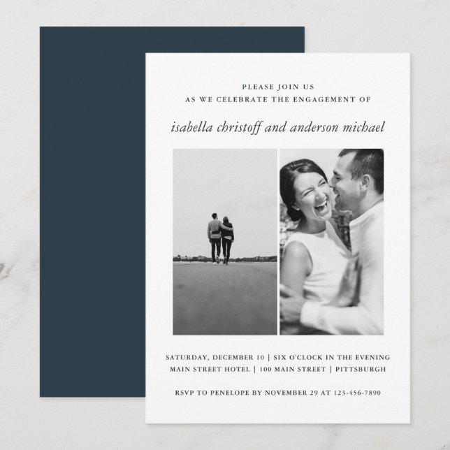 Elegantes Blue Wedding Verlobung Foto Einladung (Vorne/Hinten)