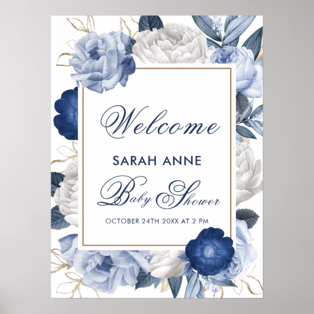 Elegantes Blue White Blume Baby Dusche Willkommen Poster (Vorne)