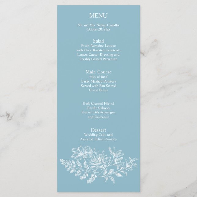 Elegantes Blue White Blume Wedding Reception Menü Menükarte (Vorderseite)