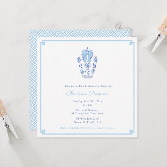 Elegantes Blue White Chinoiserie Brautparty Party Einladung (Vorderseite/Rückseite Beispiel)