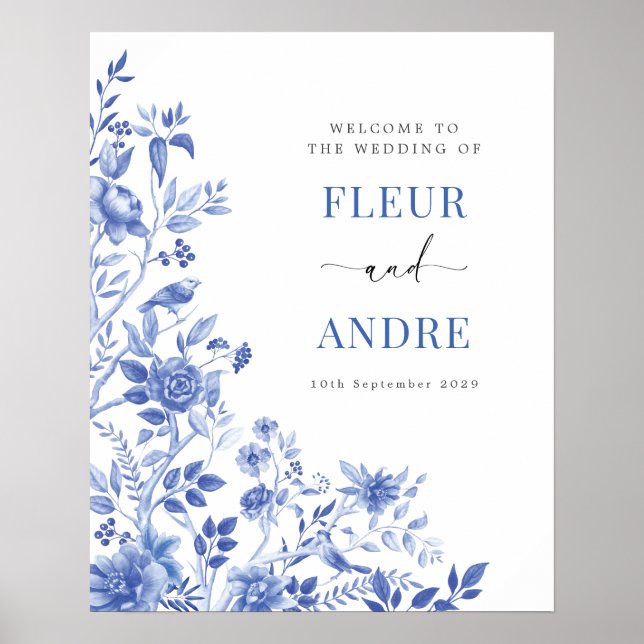 Elegantes Blue White Chinoiserie Hochzeit Willkomm Poster (Vorne)
