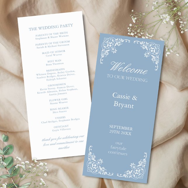 Elegantes Blue White Classic Vintage Hochzeitsprog (elegant blue and white wedding program cards with bridal party and 2 sided design with border trim)