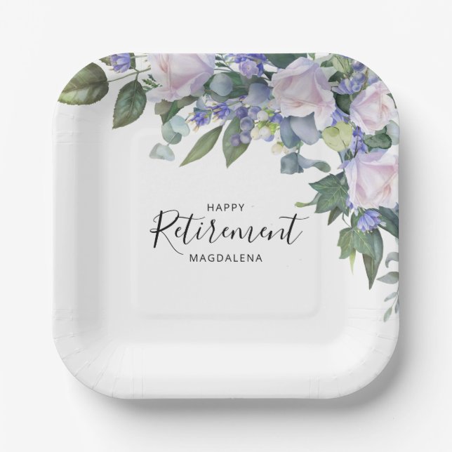 Elegantes Blue White Floral Custom Retirement Part Pappteller (Vorderseite)