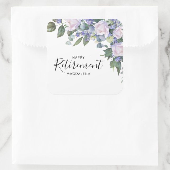 Elegantes Blue White Floral Retirement Party Quadratischer Aufkleber (Tasche)