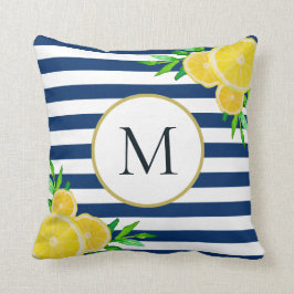 Elegantes Blue White Stripes Summer Lemon Monogram Kissen