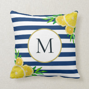 Elegantes Blue White Stripes Summer Lemon Monogram Kissen