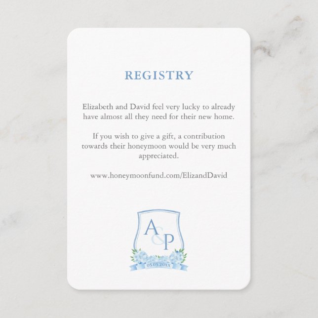 Elegantes Blue-White-Wappen-Heiratsregister Begleitkarte (Vorderseite)