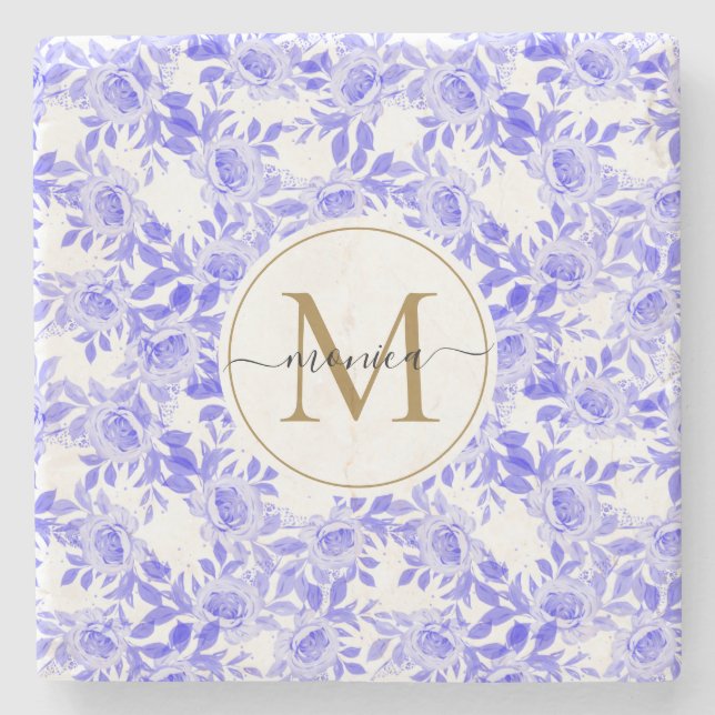 Elegantes Blue White Watercolor Floral Gold Monogr Steinuntersetzer (Vorderseite)