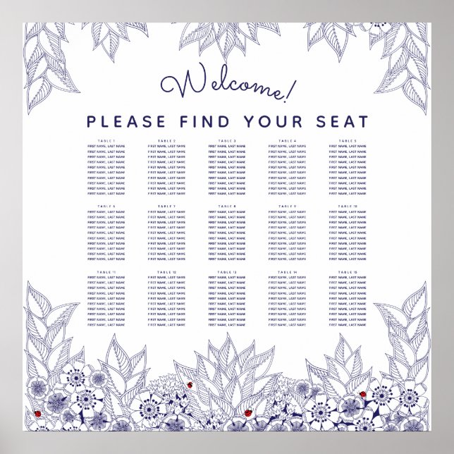 Elegantes Blue White Wedding Seating Chart Poster (Vorne)