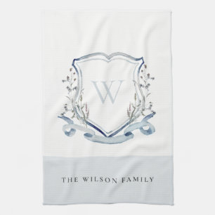 Elegantes Blue Wildblume Watercolor Monogram Wappe Geschirrtuch