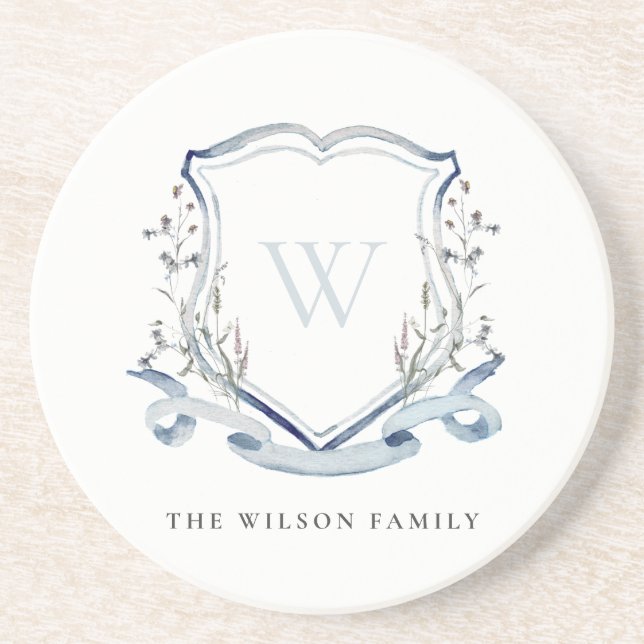 Elegantes Blue Wildblume Watercolor Monogram Wappe Getränkeuntersetzer (Vorne)