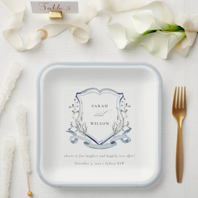 Elegantes Blue Wildblume Watercolor Wappen Hochzei Pappteller (Hochzeit)