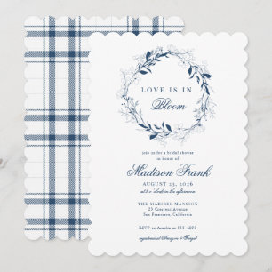 Elegantes Blue Wildblume Wreath Kariertes Brautpar Einladung