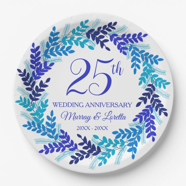 Elegantes Blue Wreath 25-jähriges Party Pappteller (Vorderseite)