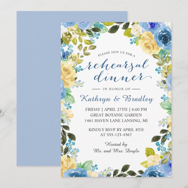 Elegantes Blue Yellow Rose Garden Probe Abendessen Einladung (Vorne/Hinten)