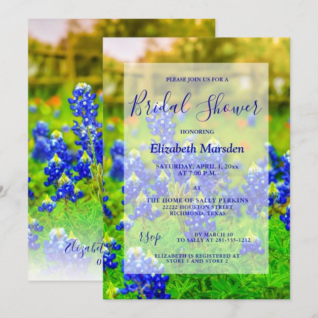 Elegantes Bluebonnets Foto Brautparty Einladung (Vorne/Hinten)