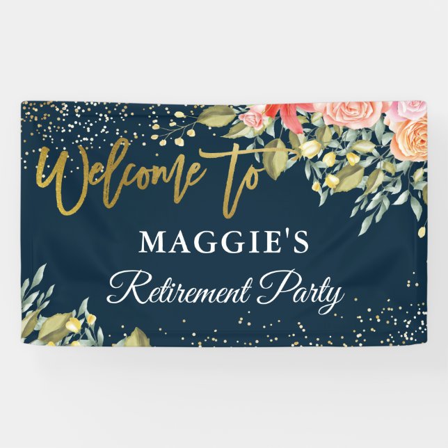 Elegantes Blues Blue Gold Retirement Party Banner (Horizontal)