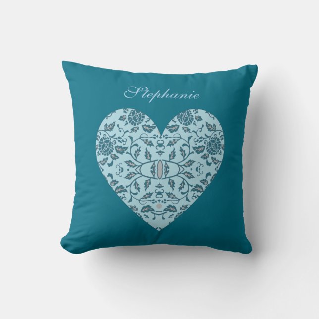 Elegantes, blühendes Aquamarines Damaske Herz Kissen (Vorderseite)
