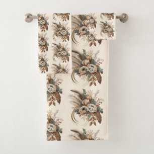 Elegantes Blume-Foliage- und Feathers-Muster Badhandtuch Set