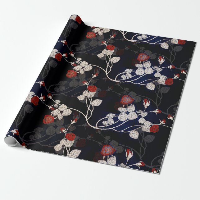 Elegantes Blume-Muster der Rote Rose Schwarz Geschenkpapier (Ungerollt)