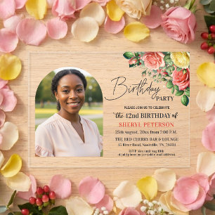 Elegantes Blumen-Design mit Foto zum 42. Geburtsta Acryleinladungen