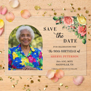 Elegantes Blumen-Foto 90. Geburtstag Save-the-Date Acryleinladungen