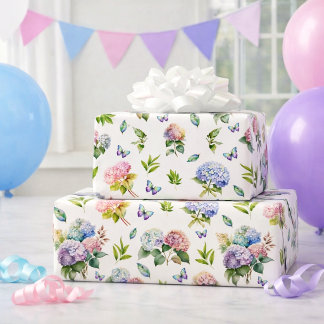 Elegantes Blumen-Hortensien-Schmetterlings-Geschen Geschenkpapier