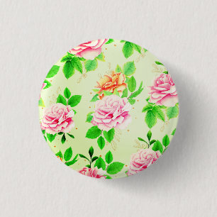 Elegantes Blumen-Rosen Grünes Blätter Muster-23675 Button