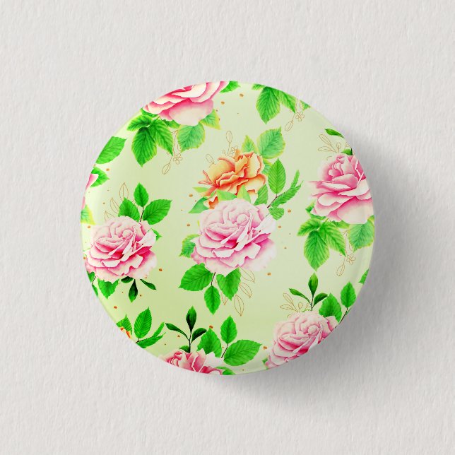 Elegantes Blumen-Rosen Grünes Blätter Muster-23675 Button (Vorderseite)