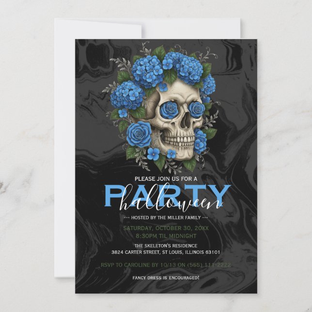 Elegantes Blumen Skull Adult Halloween-Party Einladung (Vorderseite)