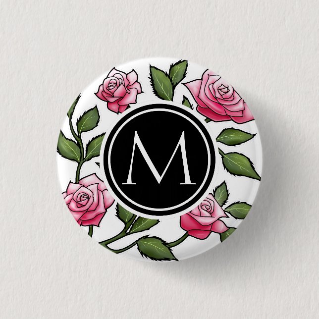 Elegantes Blumen- und Monogramm Button (Vorderseite)