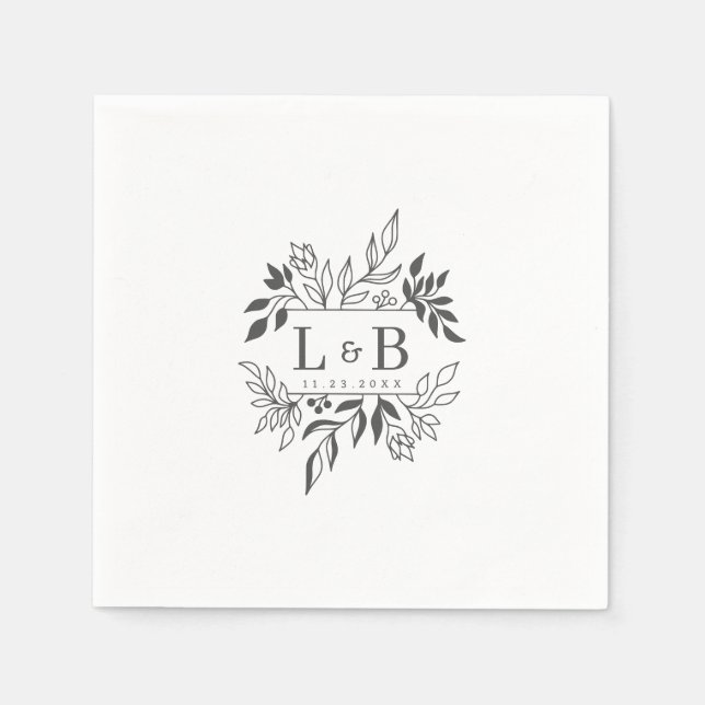 Elegantes Blumenblatt Couple Monogram Wedding Serviette (Vorderseite)
